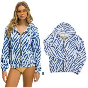 Aviator Nation Tiger Relaxed Zip Hoodie Blue White Zebra Print Unisex Size 14